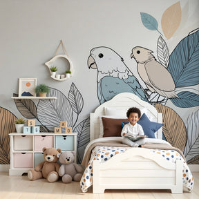 Birds and foliage mural wallpaper in elegant nursery setting by Kids-Mundo
