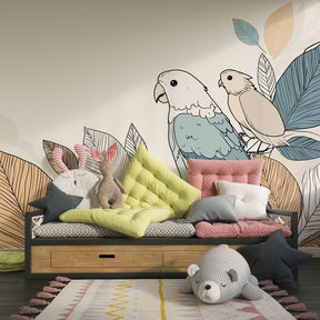 Nature-themed birds wallpaper transforming kids playroom with gentle colors