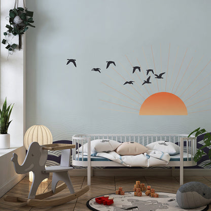 Kids-Mundo made-to-measure sunset bird mural fitted to a child's bedroom wall.