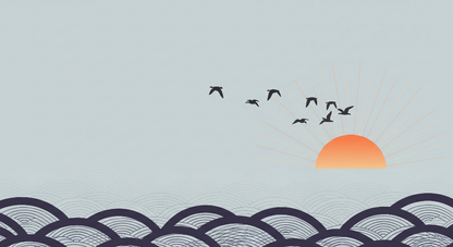 Kids-Mundo flat artwork of birds flying over a softly fading ocean sunset design.