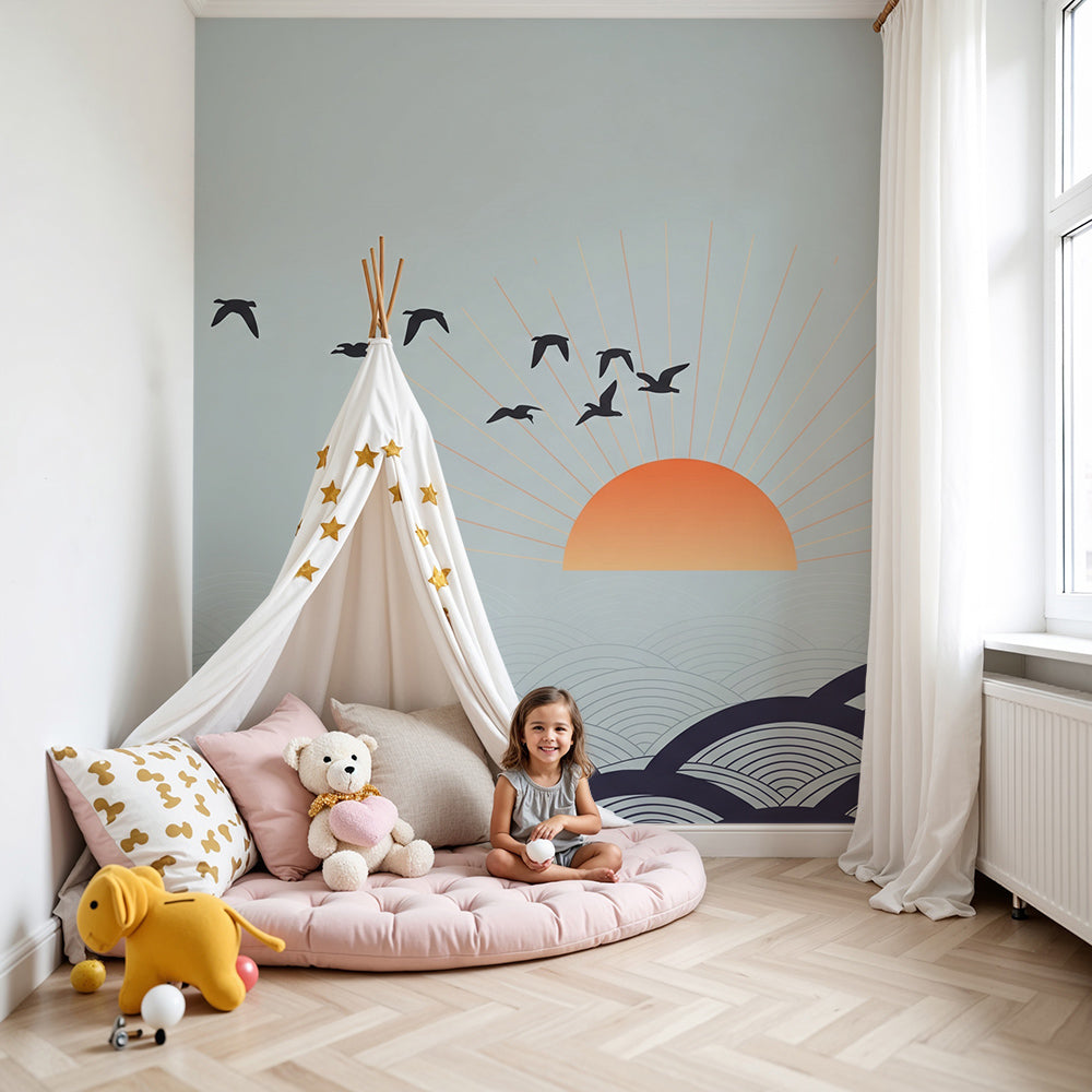 Kids-Mundo birds and sunset wall mural shown in a calm, softly lit nursery room.