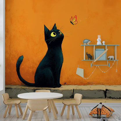 Kids-Mundo cat wall mural made to measure behind a bed in a kids bedroom with orange tones