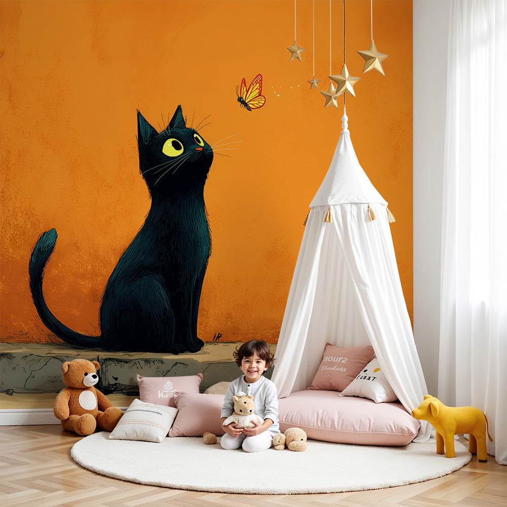 Kids-Mundo black cat and butterfly wall mural on a warm orange feature wall in a child's bedroom