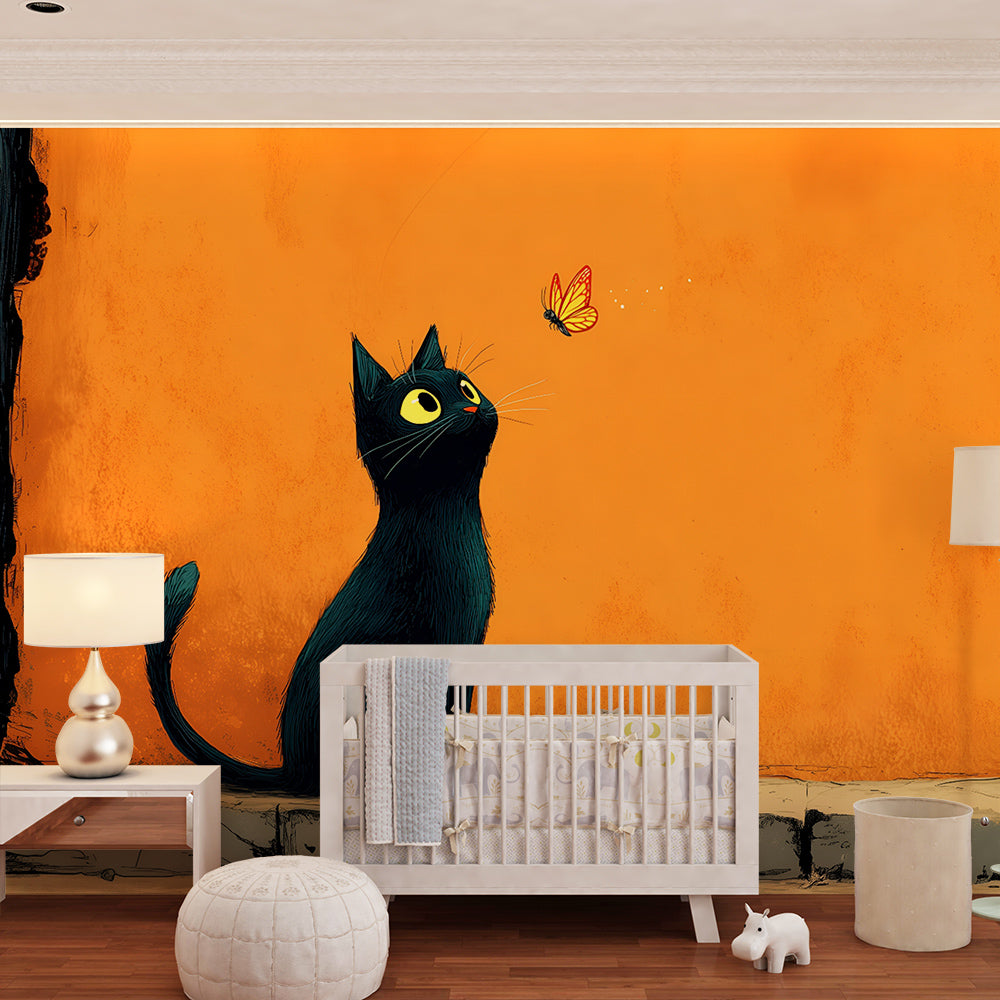 Kids-Mundo black cat wall mural adding warm colour to a playroom feature wall