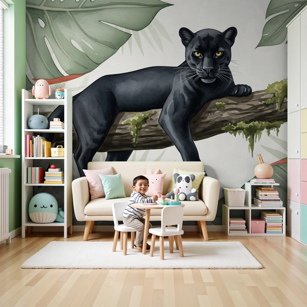 Kids-Mundo black panther jungle wall mural shown on a feature wall in a nursery