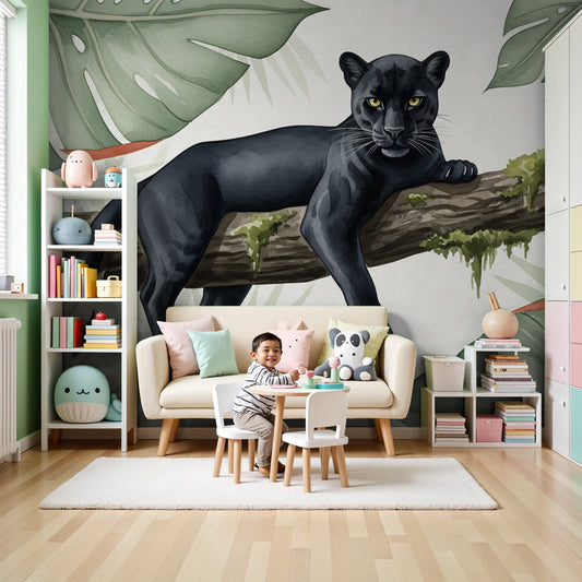 Kids-Mundo black panther jungle wall mural shown on a feature wall in a nursery