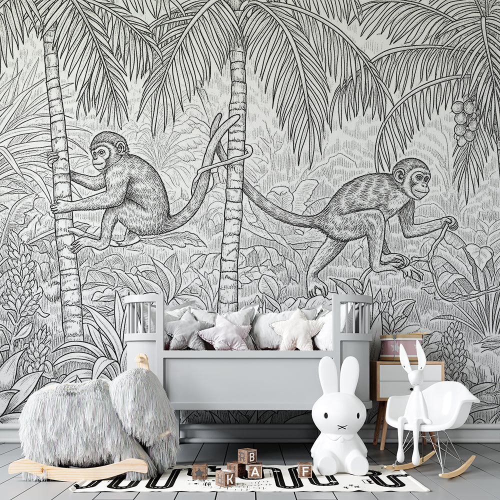 Kids-Mundo monochrome jungle monkey wall mural covering a kids bedroom wall