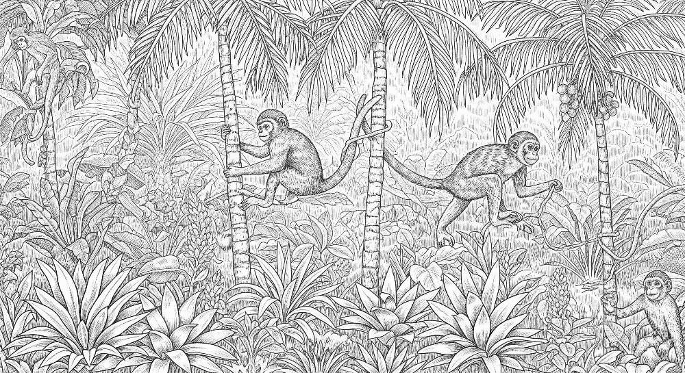 Kids-Mundo flat artwork of black and white monkeys climbing through a detailed jungle scene