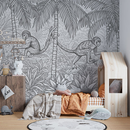 Kids-Mundo black and white jungle mural with climbing monkeys styled on a playroom wall