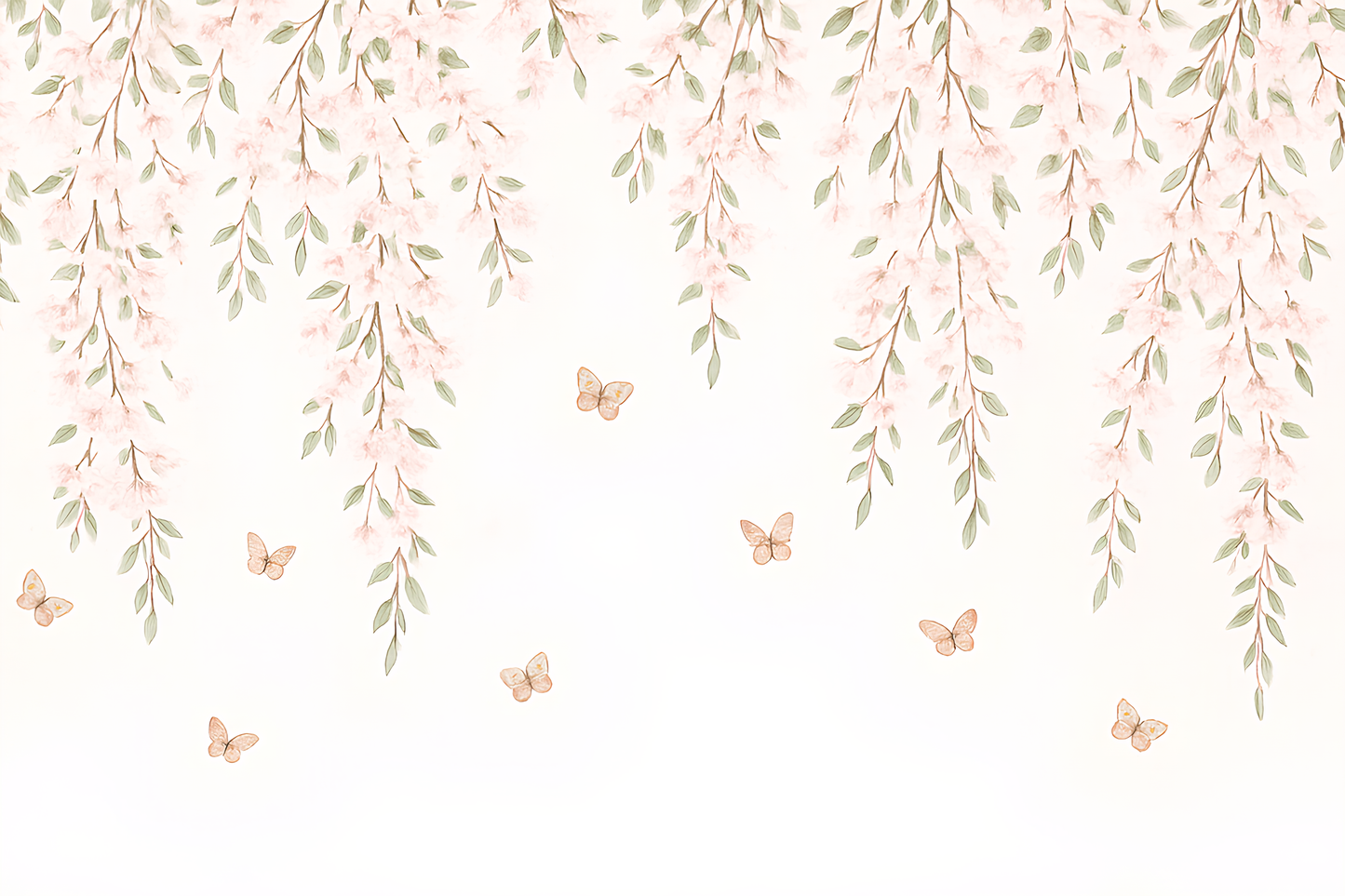 Kids-Mundo flat artwork preview of the pink blossom branches and butterflies wall mural design