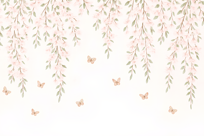 Kids-Mundo flat artwork preview of the pink blossom branches and butterflies wall mural design