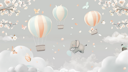 Kids-Mundo flat artwork of a flying elephant with balloons and cherry blossom branches