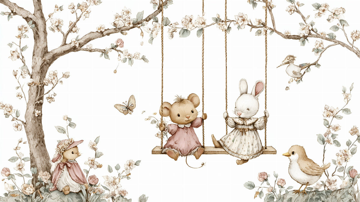 Mouse and Rabbit Friends on a Blossom Tree Swing Wall Mural