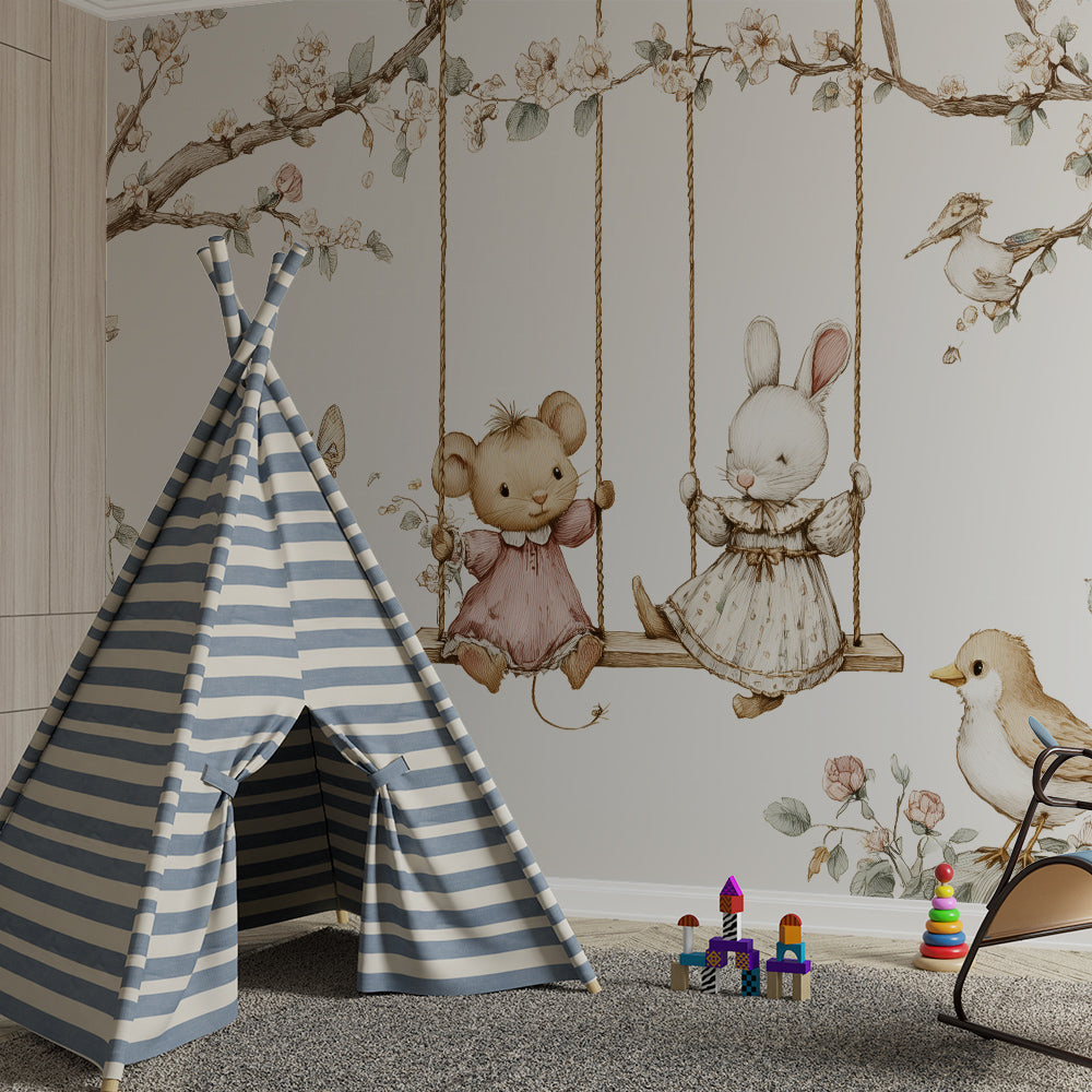 Kids-Mundo mouse and rabbit wall mural brightening a playroom corner with gentle woodland characters and flowers.