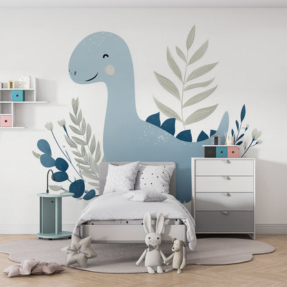 Kids-Mundo dinosaur and leaf wall mural brightening a playroom corner with toy storage and rug