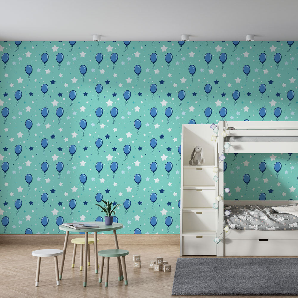 Festive blue balloon wallpaper creating magical atmosphere in children's bedroom decor