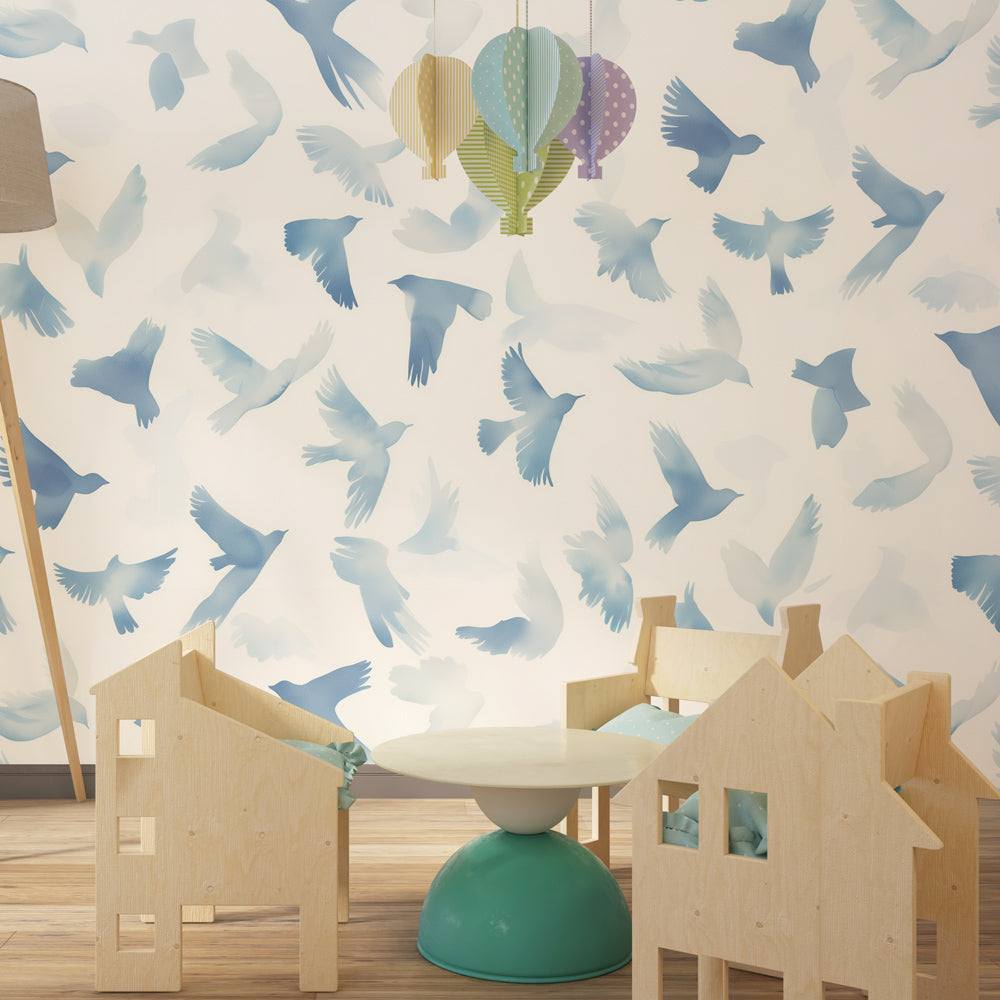 Blue flying birds wallpaper creating serene atmosphere in modern kids bedroom interior