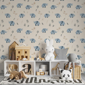 Nature-themed blue elephant wallpaper transforming kids playroom into safari adventure space