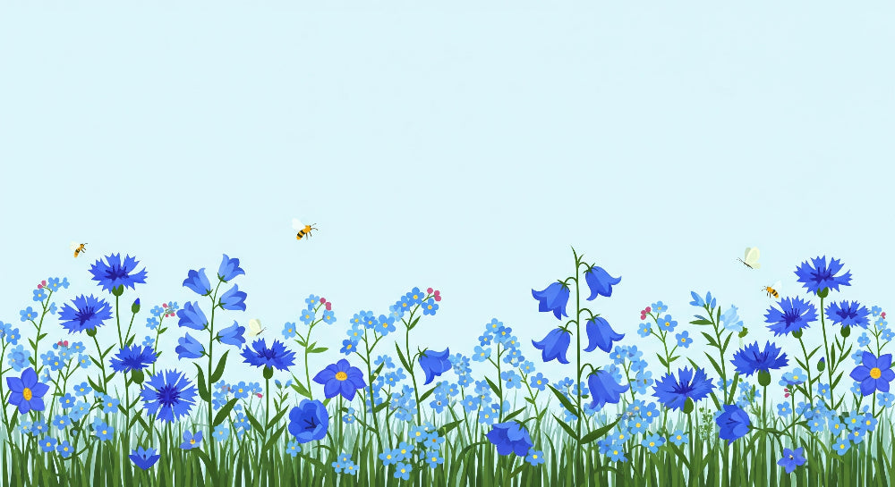 Detailed blue flowers and bees meadow mural wallpaper design pattern by Kids-Mundo