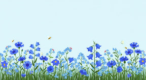 Detailed blue flowers and bees meadow mural wallpaper design pattern by Kids-Mundo