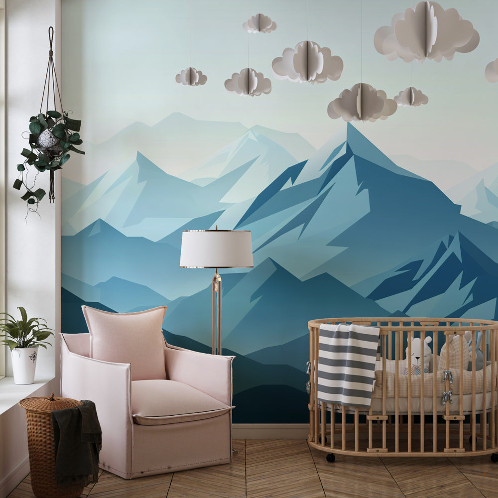 Kids-Mundo blue geometric mountain wall mural as a feature wall behind the bed in a kids bedroom