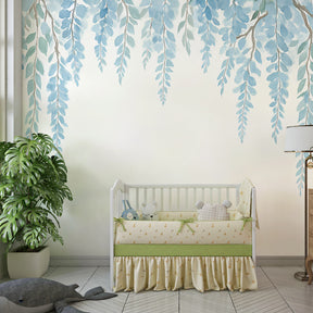 Botanical mural wallpaper transforming kids playroom with calming blue leaf patterns by Kids-Mundo