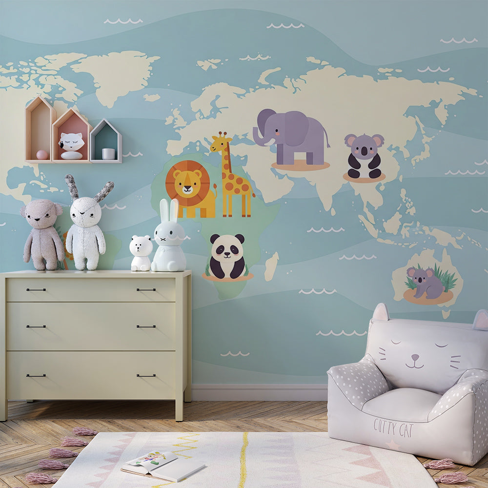 Kids-Mundo blue world map wall mural covering a feature wall in a calming kids bedroom