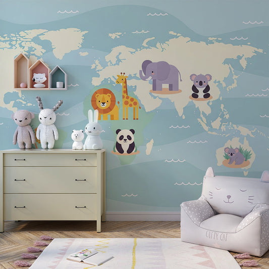 Kids-Mundo blue world map wall mural covering a feature wall in a calming kids bedroom