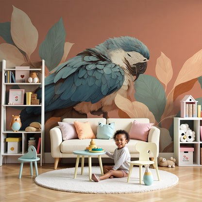 Kids-Mundo blue parrot wall mural styled above a bed in a child's bedroom