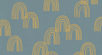 Flat artwork of the Kids-Mundo mustard rainbow arches scattered across a blue linen-look pattern