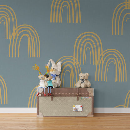 Playroom styled with the Kids-Mundo blue rainbow arch wall mural as a feature wall