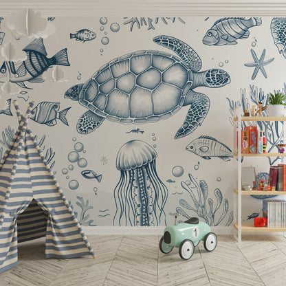 Kids-Mundo blue sketch ocean wall mural behind a bed in a child's bedroom
