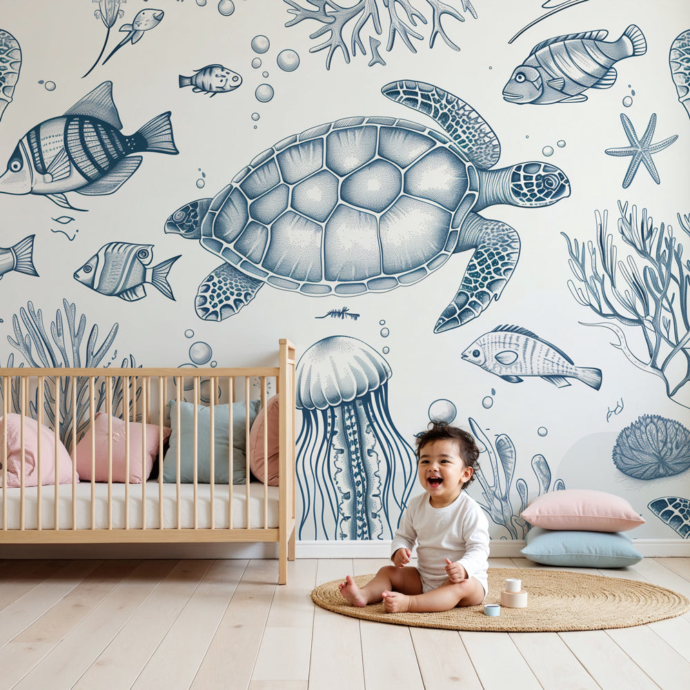 Kids-Mundo blue sketch turtle wall mural in a calm nursery with white furniture