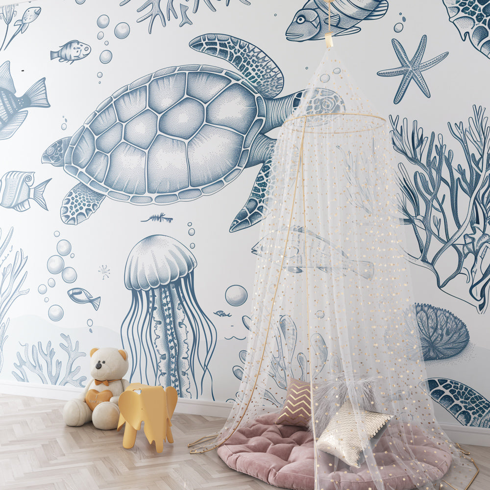 Kids-Mundo blue sketch turtle and coral wall mural in a bright playroom