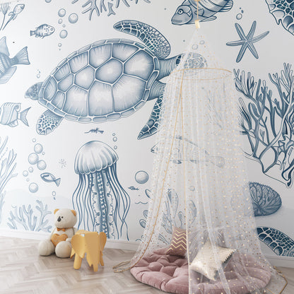 Kids-Mundo blue sketch turtle and coral wall mural in a bright playroom