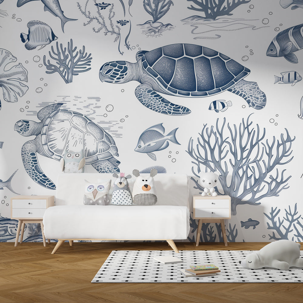 Kids-Mundo sea turtle wall mural behind a bed in a timeless kids bedroom
