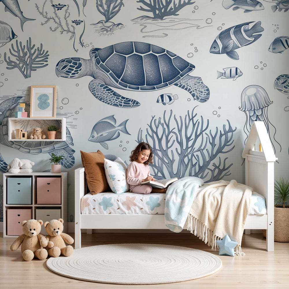 Kids-Mundo blue sketch turtle wall mural styled in a calm, gender-neutral nursery