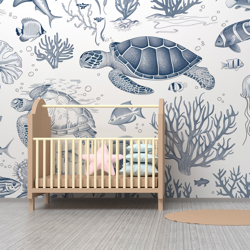 Kids-Mundo blue sketch ocean wall mural with turtles covering a playroom wall