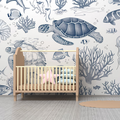 Kids-Mundo blue sketch ocean wall mural with turtles covering a playroom wall