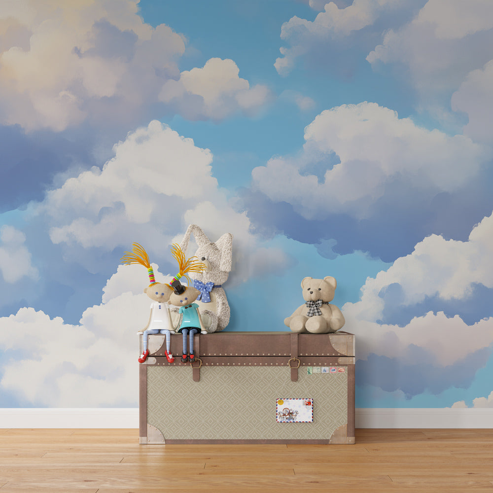 Soft cloud sky mural wallpaper transforming modern kids room into peaceful sanctuary
