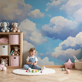 Blue sky mural wallpaper with soft clouds decorating peaceful nursery by Kids-Mundo