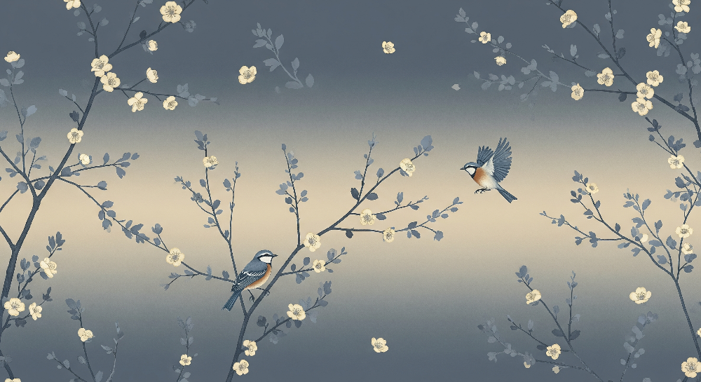 Kids-Mundo flat artwork of blue-grey blossom branches with perched and flying songbirds, full mural design.