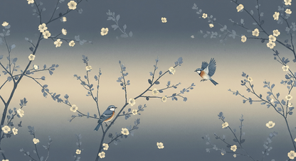 Kids-Mundo flat artwork of blue-grey blossom branches with perched and flying songbirds, full mural design.