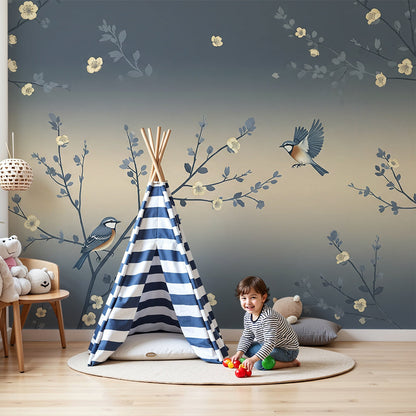 Kids-Mundo blue bird and blossom branch wall mural in a soft nursery with a white cot and rug.