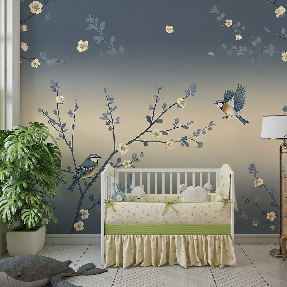 Kids-Mundo blossom branch and songbird wall mural brightening a bright, playful children's playroom.