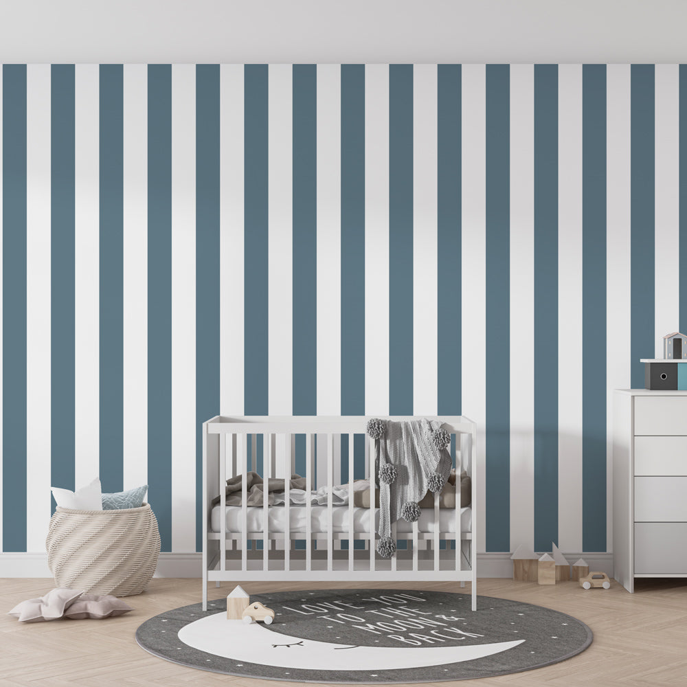 Vertical blue stripe wallpaper in modern children's bedroom with light wood furniture