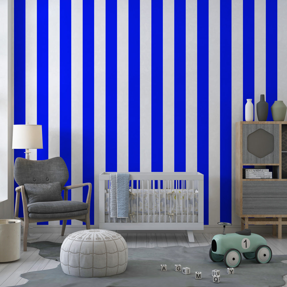 Contemporary blue striped wallpaper transforming children's nursery with bold geometric patterns