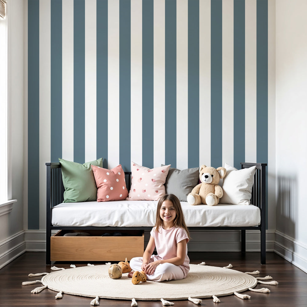 Blue striped mural wallpaper creating elegant nursery decor with vertical lines by Kids-Mundo
