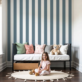 Blue striped mural wallpaper creating elegant nursery decor with vertical lines by Kids-Mundo