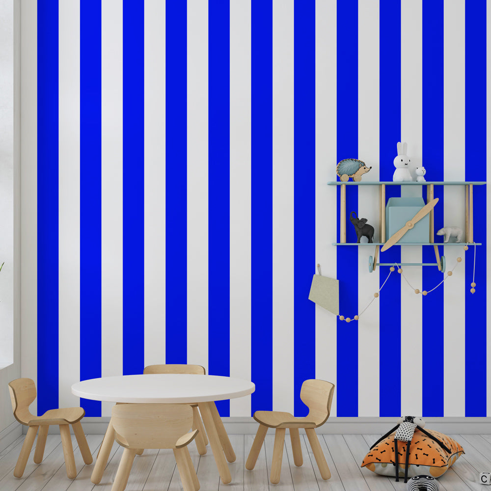 Dynamic blue striped mural wallpaper energizing colorful kids playroom space by Kids-Mundo